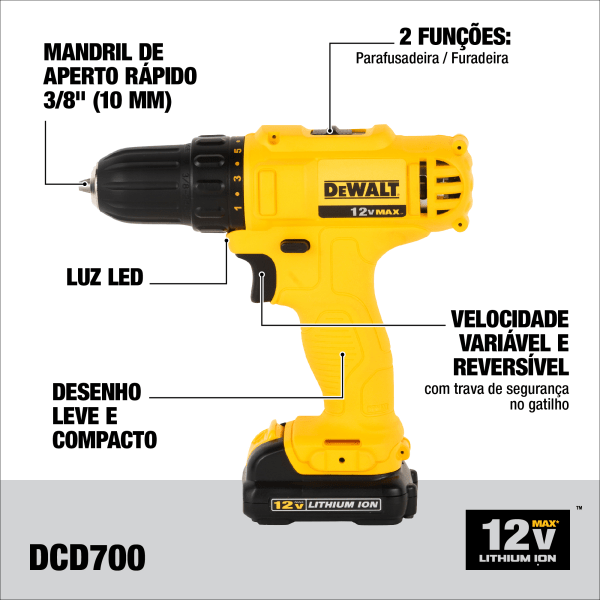 Combo Parafusadeira Furadeira e Parafusadeira de Impacto 12V DCK201C2 - Dewalt - C-min
