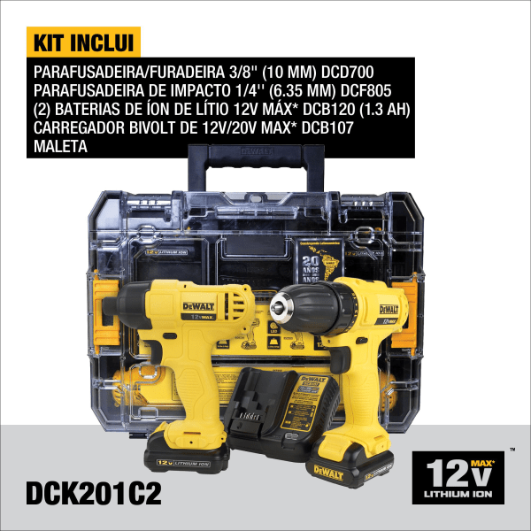 Combo Parafusadeira Furadeira e Parafusadeira de Impacto 12V DCK201C2 - Dewalt - F-min